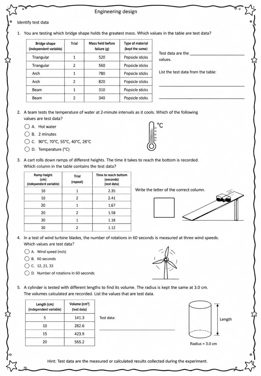 Identify test data — free printable Middle School Science worksheet