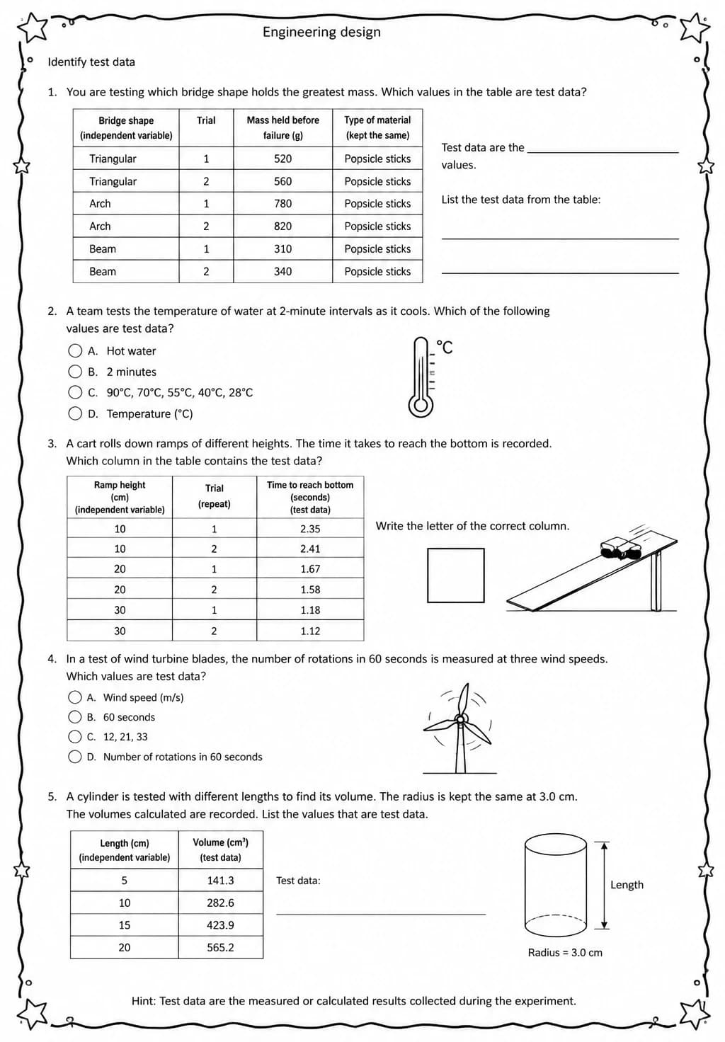 Identify test data — free printable Middle School Science worksheet