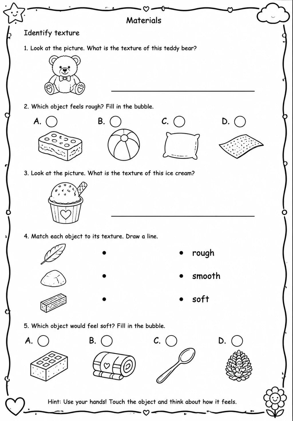 Identify texture — free printable Grade 1 Science worksheet