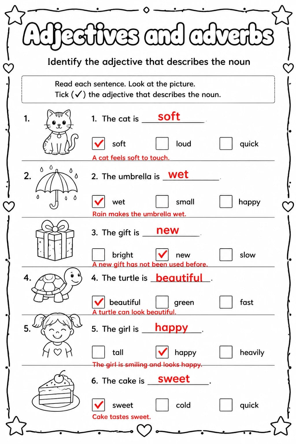 Answer key for Identify the adjective that describes the noun — free printable English & Reading worksheet