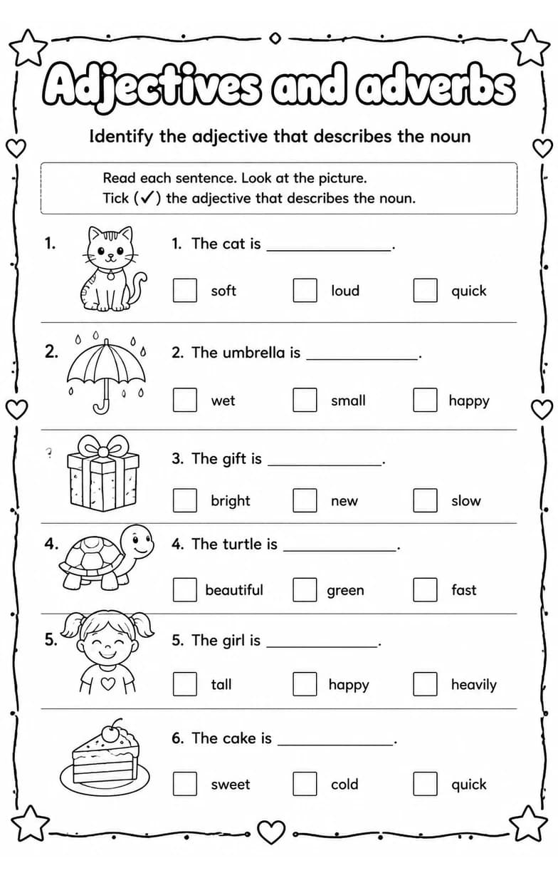 Identify the adjective that describes the noun — free printable Grade 2 English & Reading worksheet