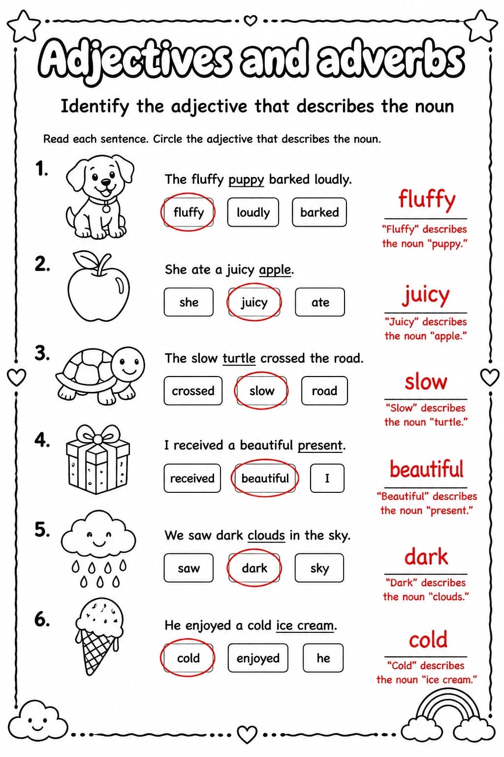 Answer key for Identify the adjective that describes the noun — free printable English & Reading worksheet