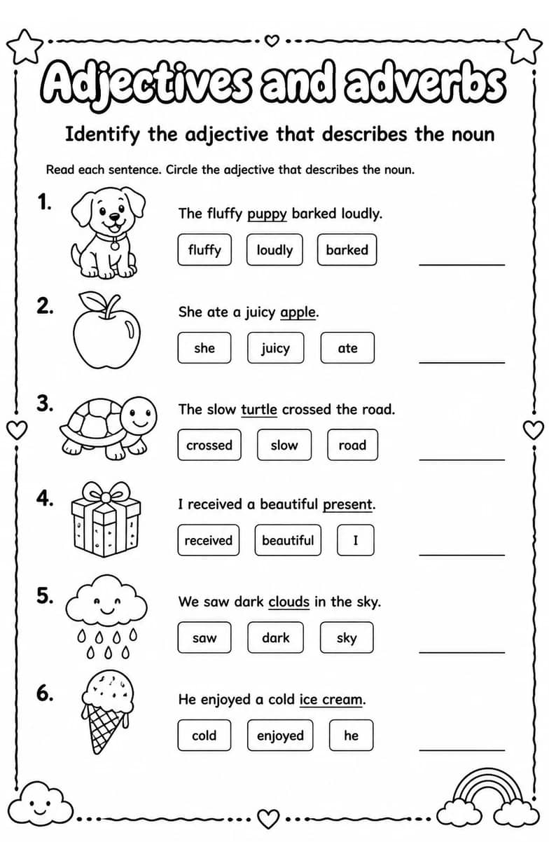 Identify the adjective that describes the noun — free printable Grammar and mechanics English worksheet