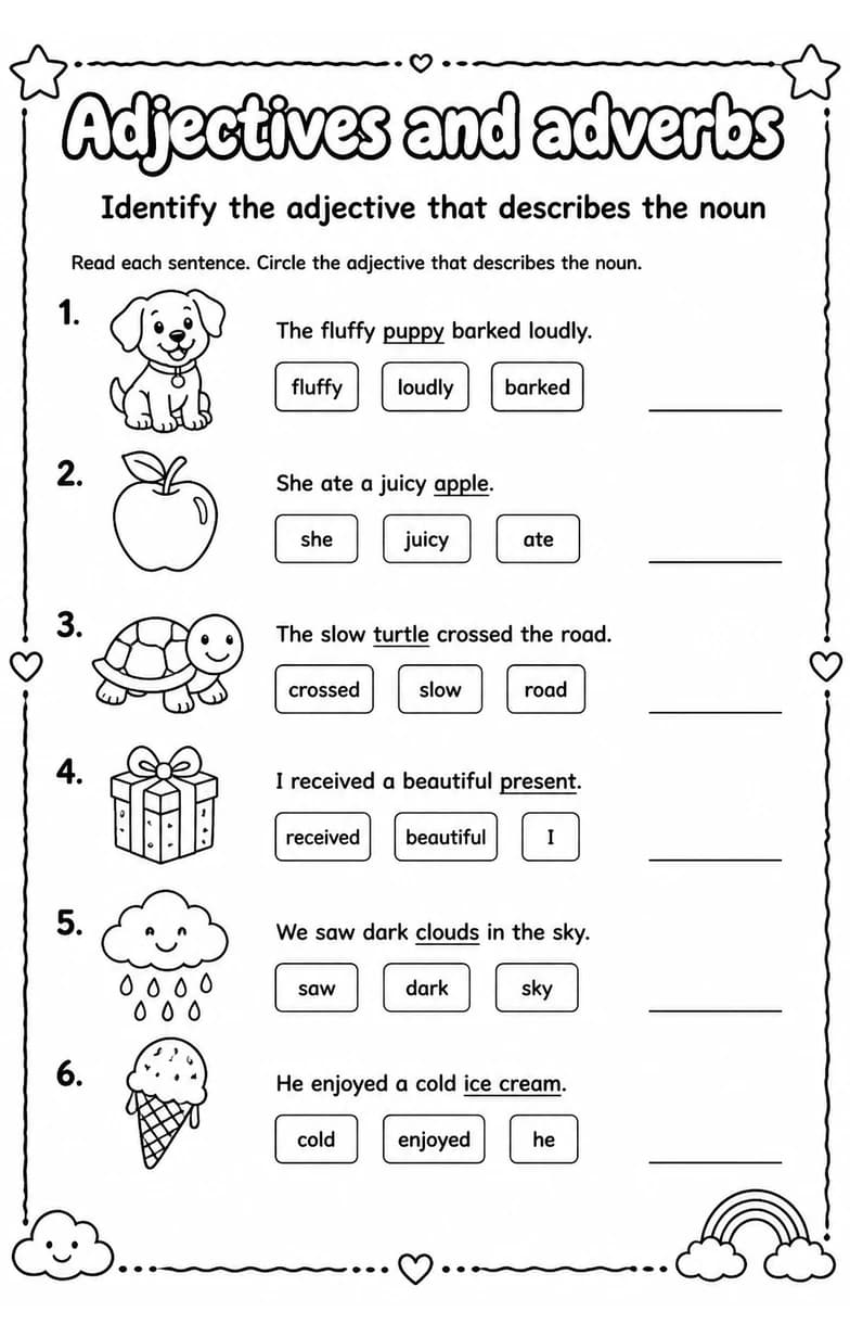 Identify the adjective that describes the noun — free printable Grade 3 English & Reading worksheet