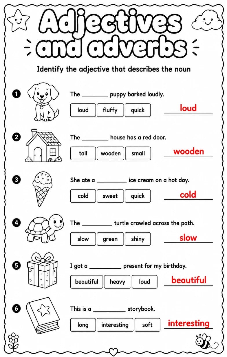 Answer key for Identify the adjective that describes the noun — free printable English & Reading worksheet