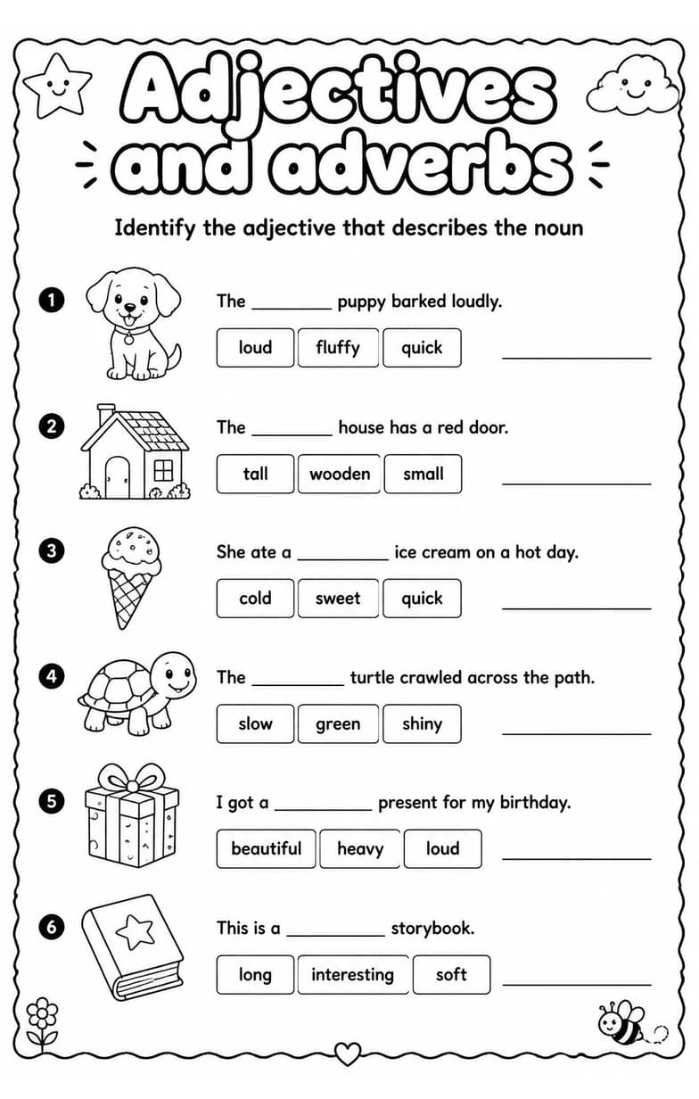Identify the adjective that describes the noun — free printable Grammar and mechanics English worksheet