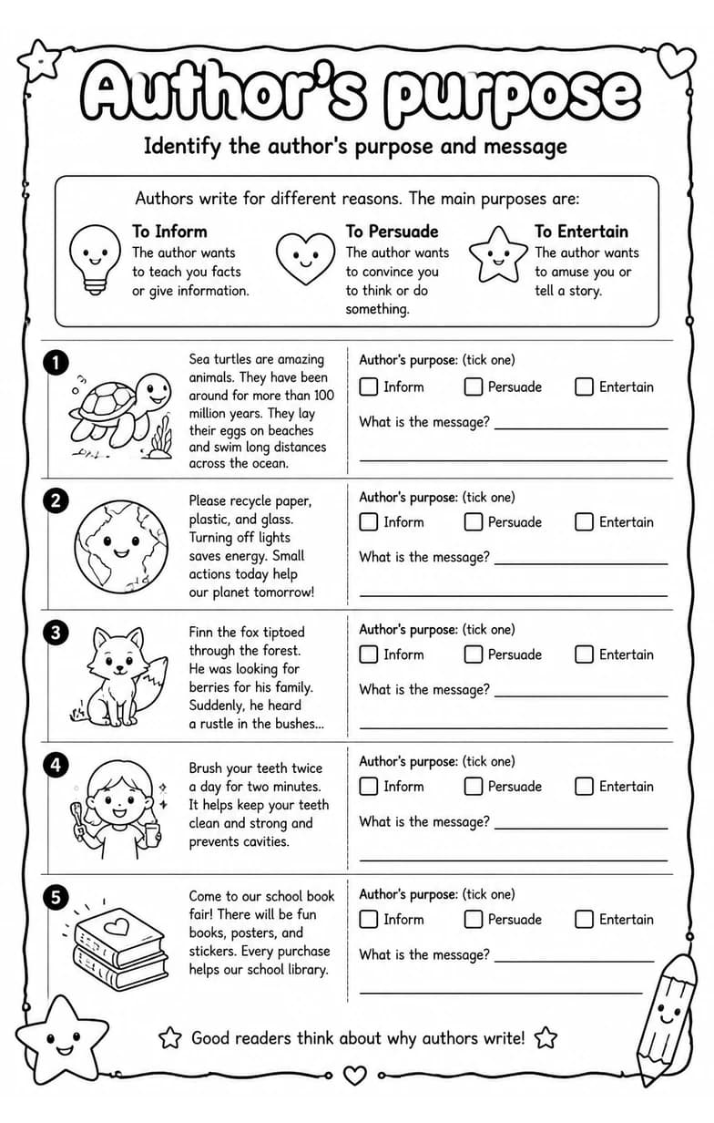 Identify the author's purpose and message — free printable Reading strategies English worksheet