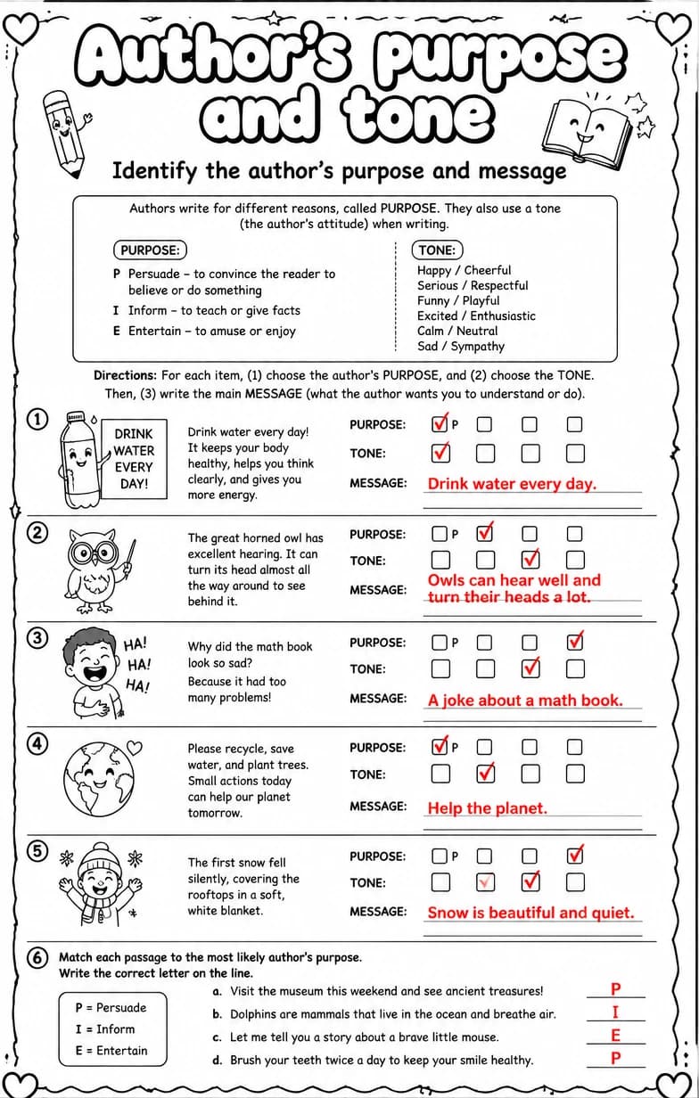 Answer key for Identify the author's purpose and message — free printable English & Reading worksheet