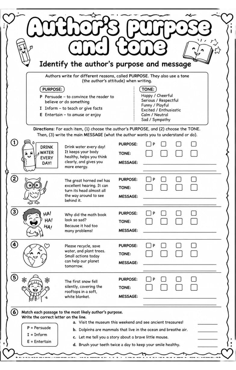 Identify the author's purpose and message — free printable Reading strategies English worksheet