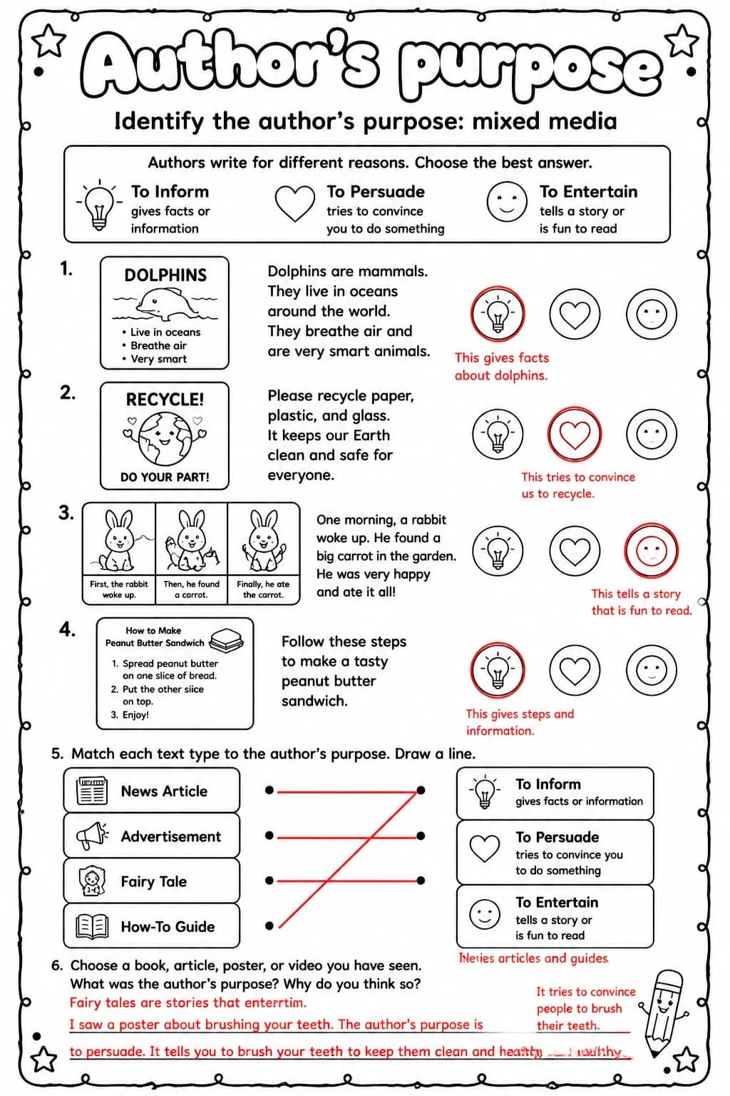 Answer key for Identify the author's purpose: mixed media — free printable English & Reading worksheet