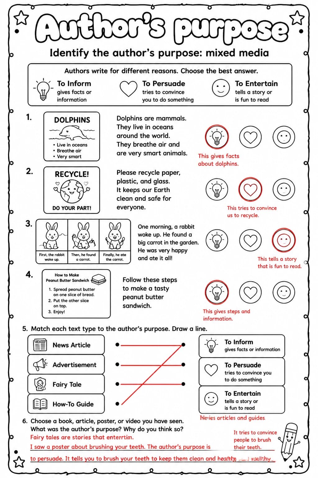 Answer key for Identify the author's purpose: mixed media — free printable English & Reading worksheet