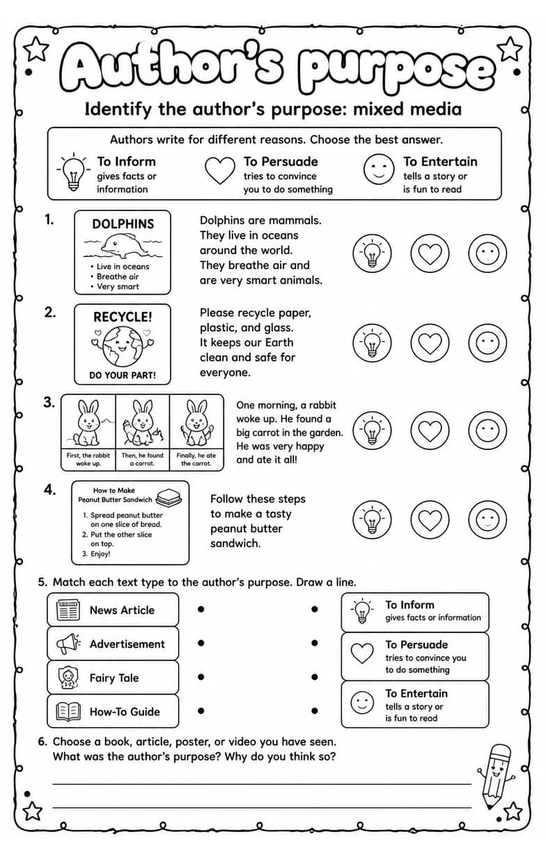 Identify the author's purpose: mixed media — free printable Reading strategies English worksheet
