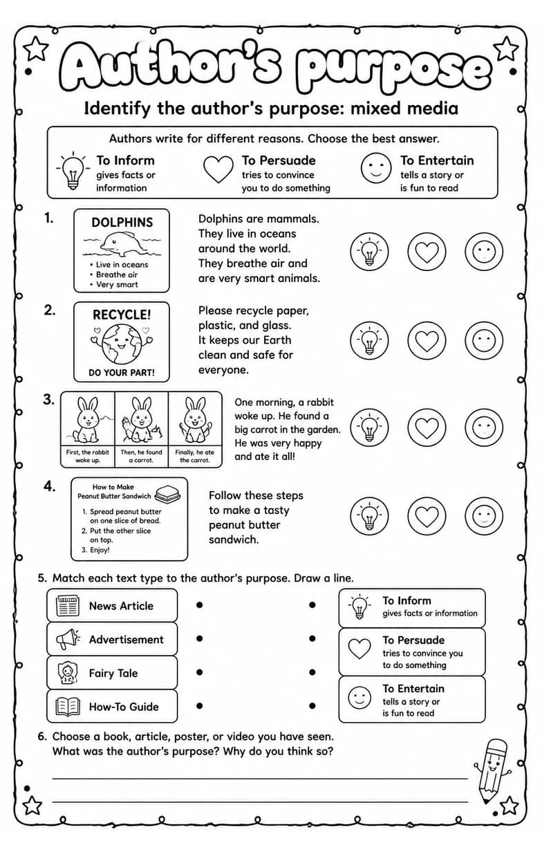 Identify the author's purpose: mixed media — free printable Grade 3 English & Reading worksheet