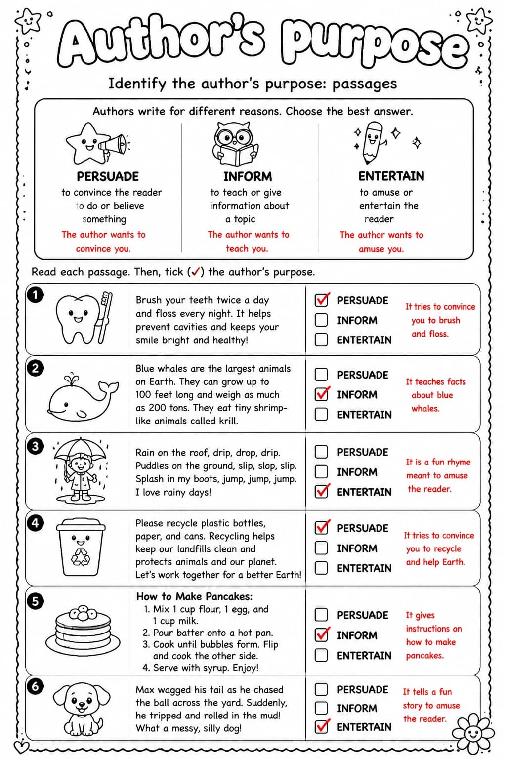 Answer key for Identify the author's purpose: passages — free printable English & Reading worksheet