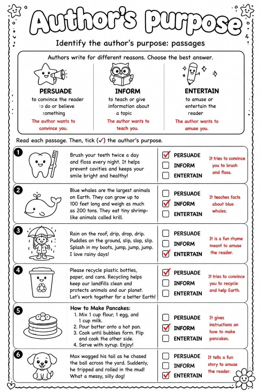 Answer key for Identify the author's purpose: passages — free printable English & Reading worksheet