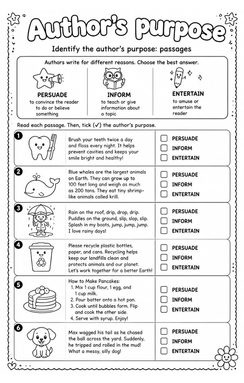 Identify the author's purpose: passages — free printable Reading strategies English worksheet