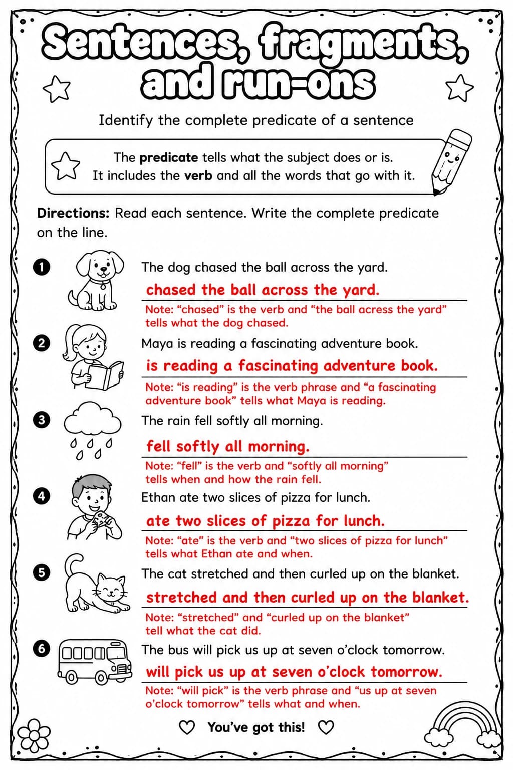 Answer key for Identify the complete predicate of a sentence — free printable English & Reading worksheet