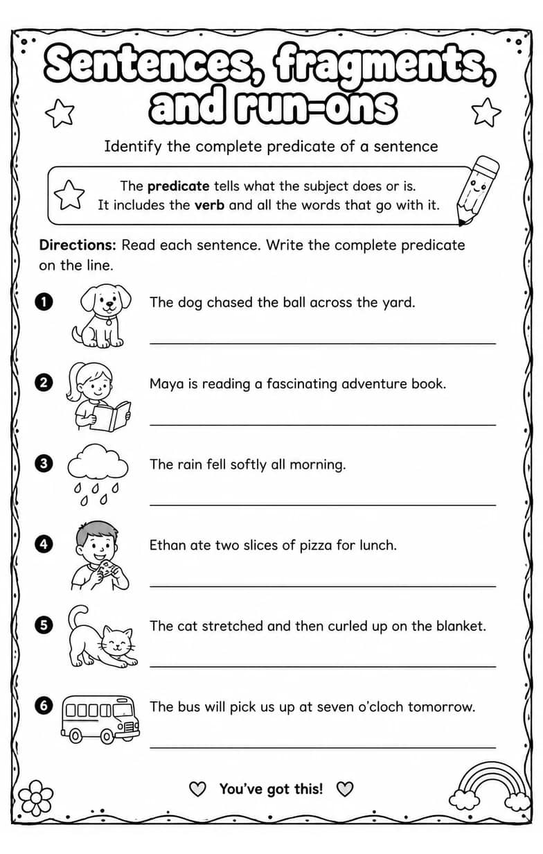 Identify the complete predicate of a sentence — free printable Grammar and mechanics English worksheet