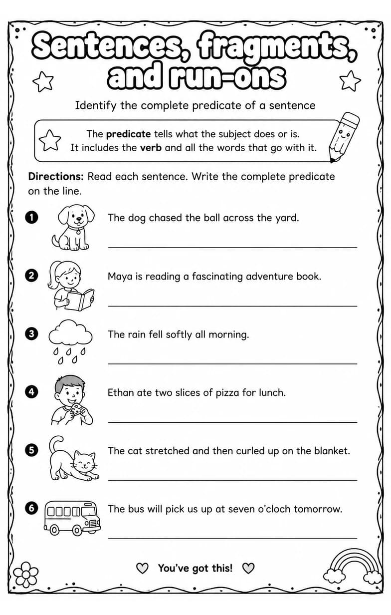 Identify the complete predicate of a sentence — free printable Grade 3 English & Reading worksheet