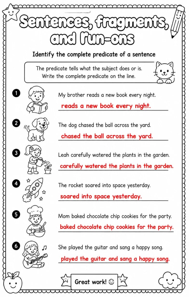 Answer key for Identify the complete predicate of a sentence — free printable English & Reading worksheet
