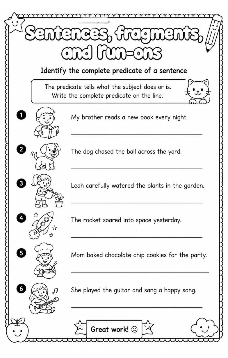 Identify the complete predicate of a sentence — free printable Grammar and mechanics English worksheet
