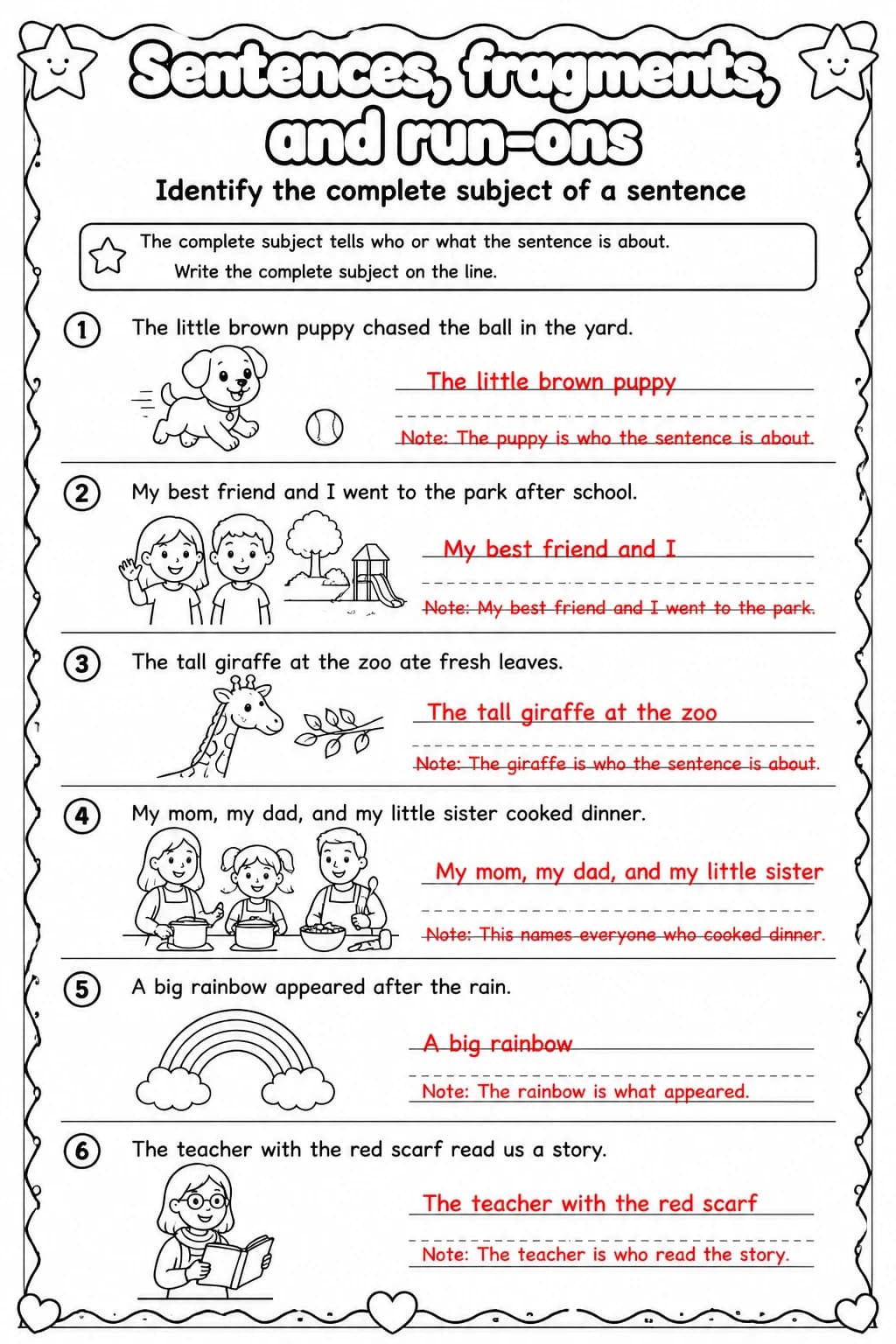 Answer key for Identify the complete subject of a sentence — free printable English & Reading worksheet