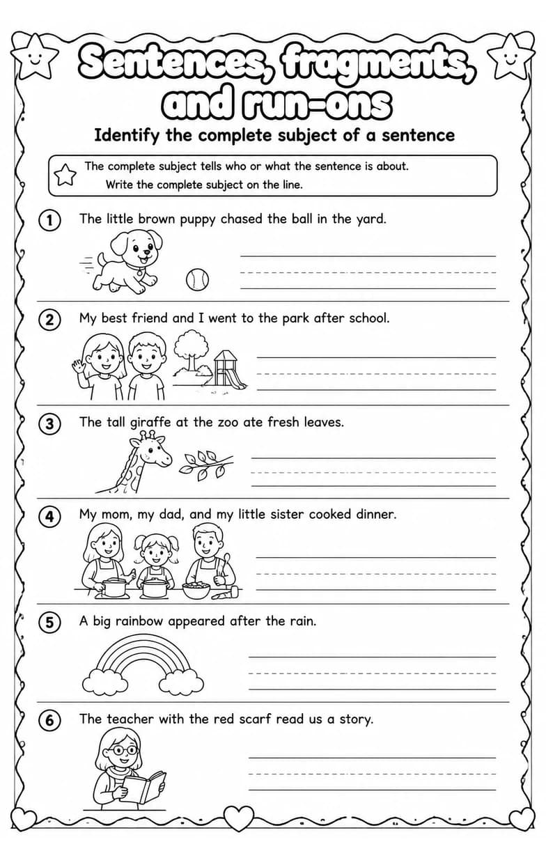 Identify the complete subject of a sentence — free printable Grammar and mechanics English worksheet