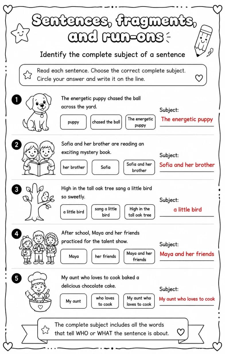 Answer key for Identify the complete subject of a sentence — free printable English & Reading worksheet