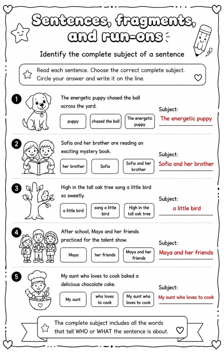 Answer key for Identify the complete subject of a sentence — free printable English & Reading worksheet