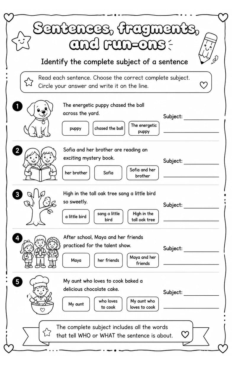 Identify the complete subject of a sentence — free printable Grade 4 English & Reading worksheet