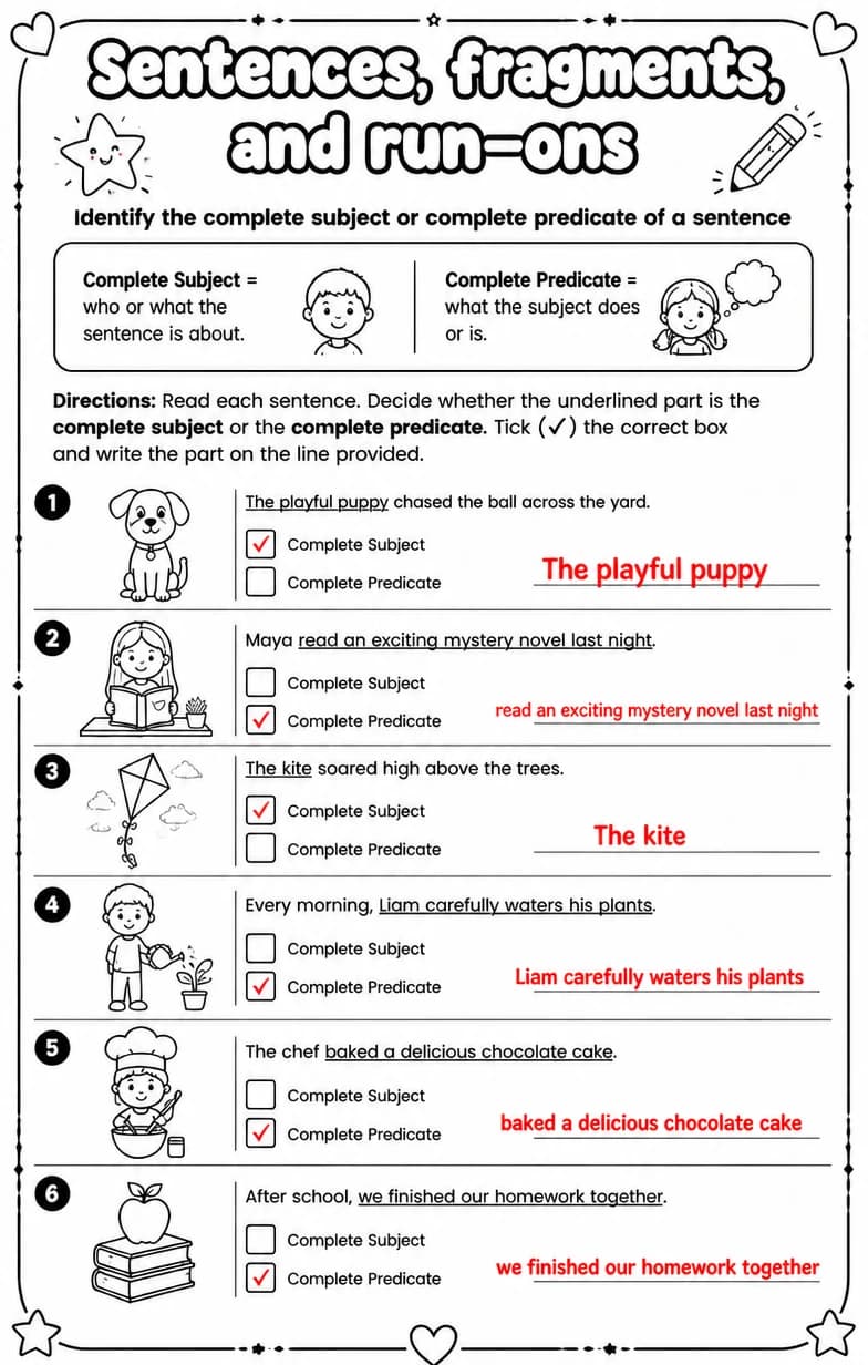 Answer key for Identify the complete subject or complete predicate of a sentence — free printable English & Reading worksheet
