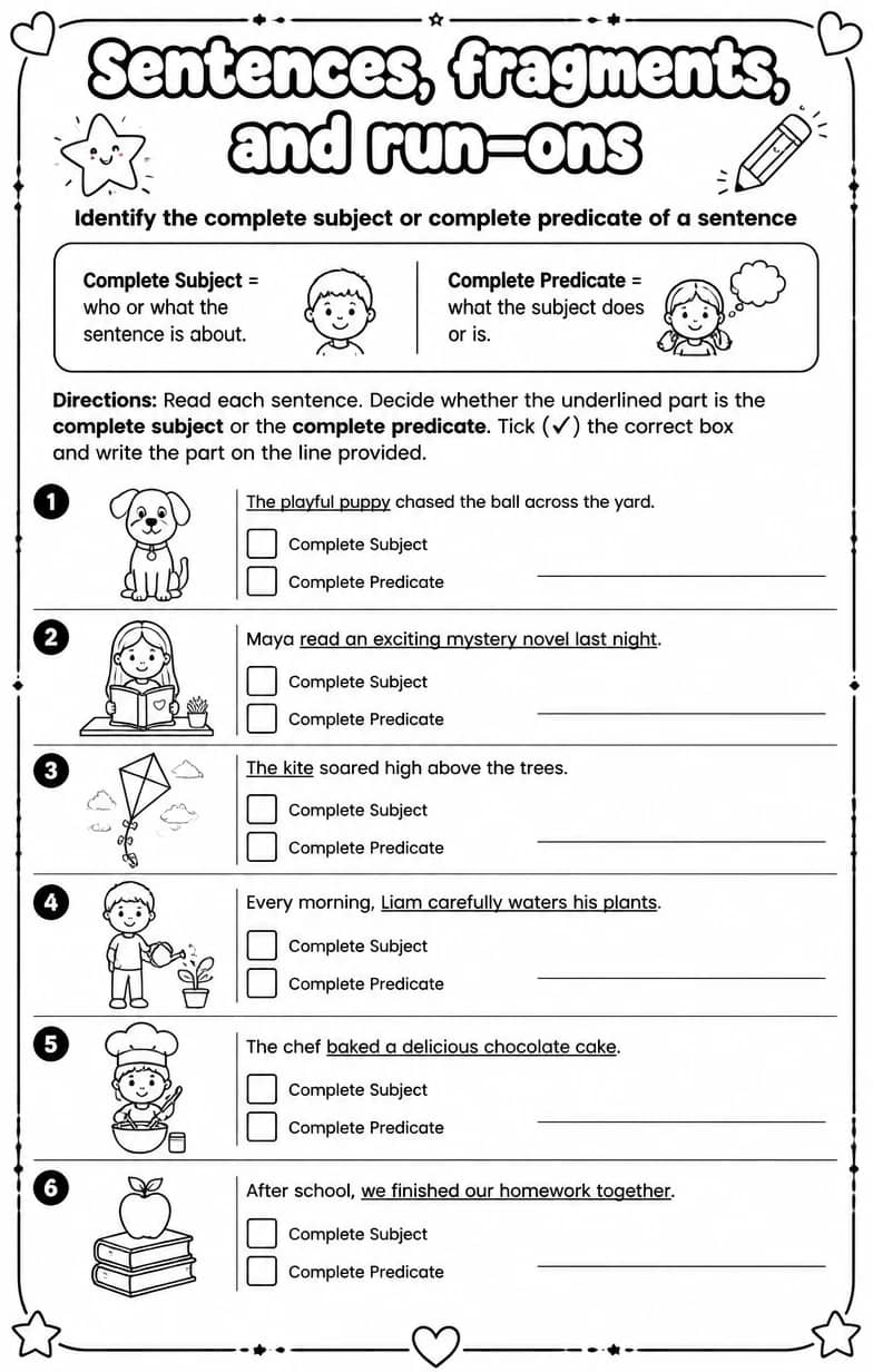 Identify the complete subject or complete predicate of a sentence — free printable Grammar and mechanics English worksheet