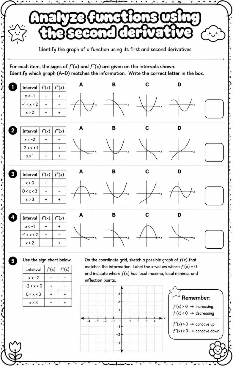 Identify the graph of a function using its first and second derivatives — free printable High School Math worksheet