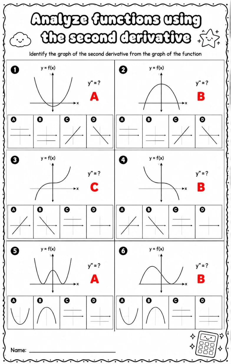 Answer key for Identify the graph of the second derivative from the graph of the function — free printable Math worksheet