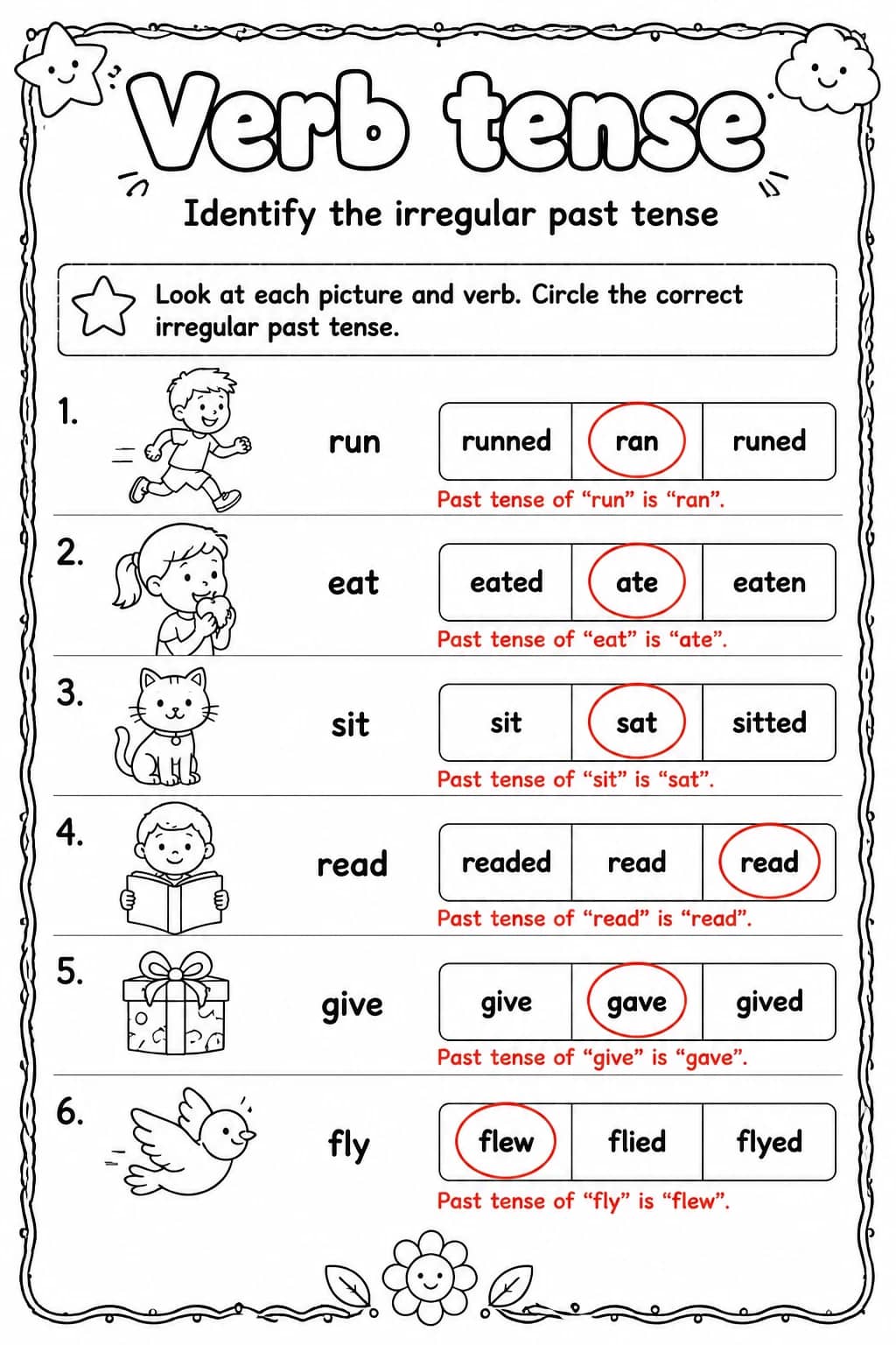Answer key for Identify the irregular past tense — free printable English & Reading worksheet