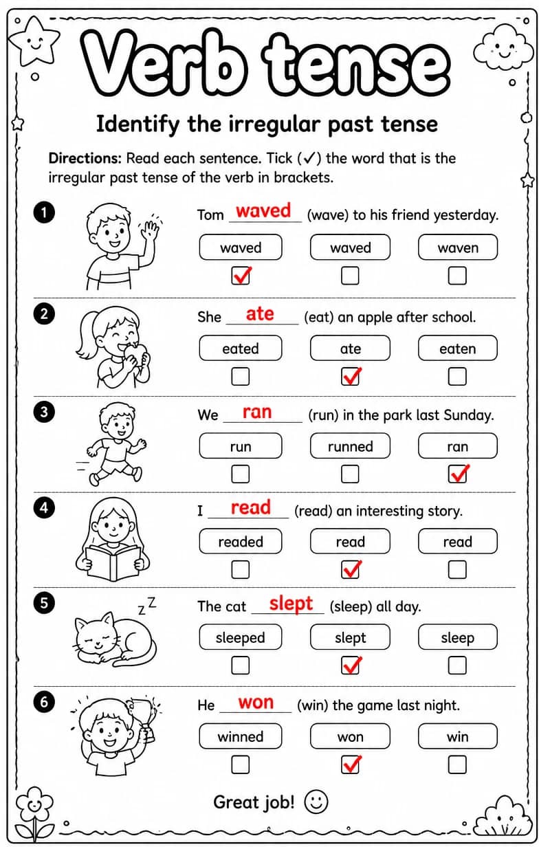 Answer key for Identify the irregular past tense — free printable English & Reading worksheet