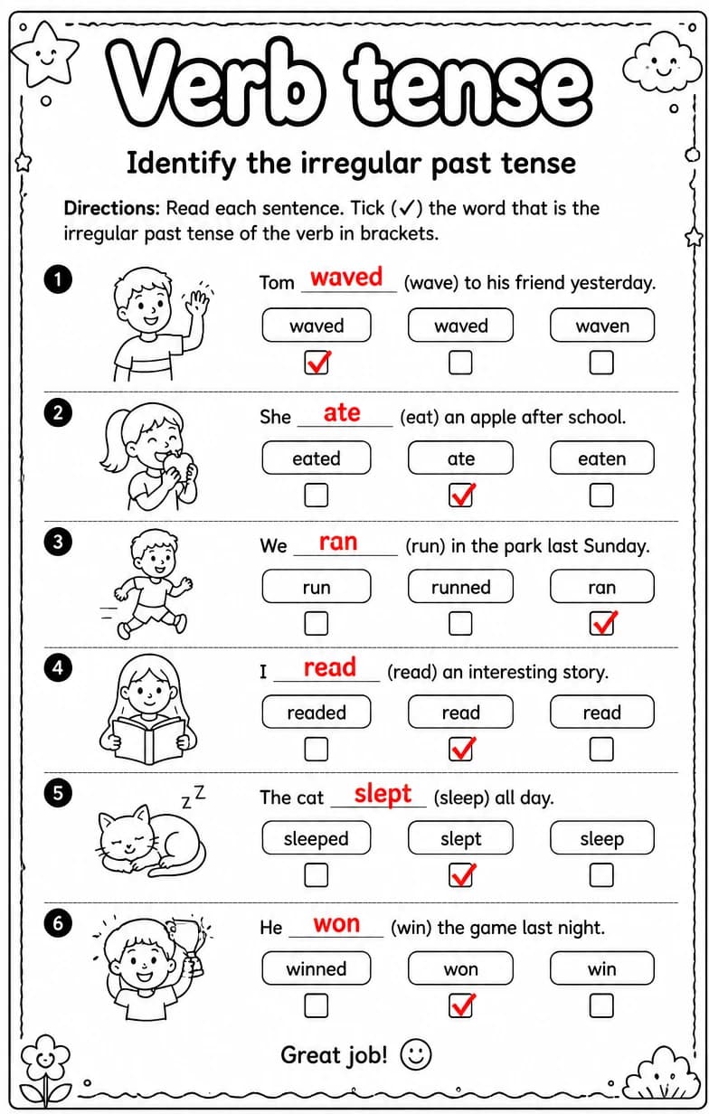 Answer key for Identify the irregular past tense — free printable English & Reading worksheet