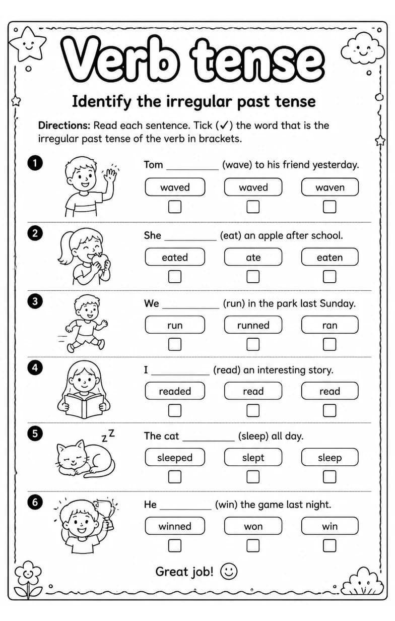 Identify the irregular past tense — free printable Grade 4 English & Reading worksheet