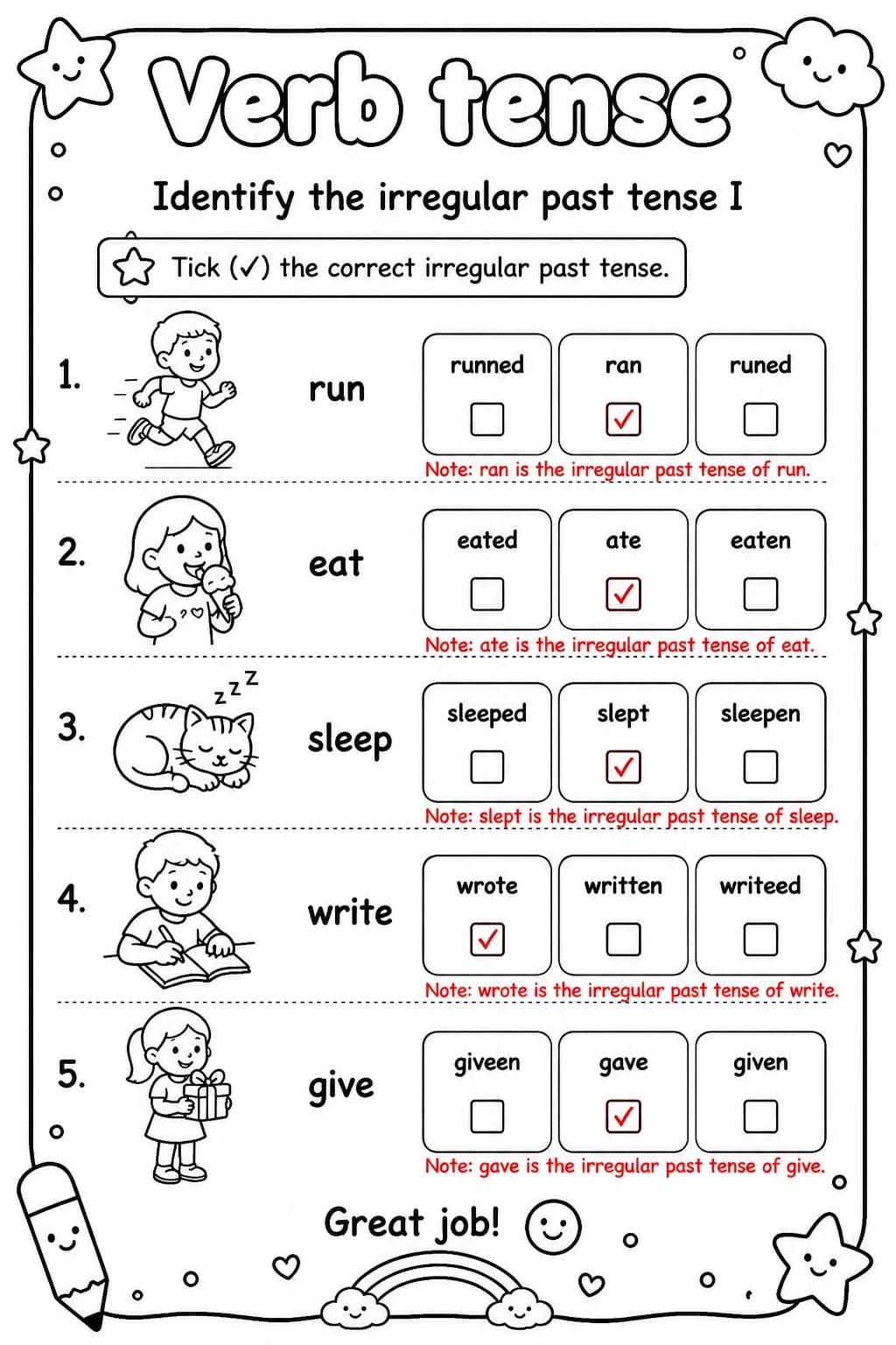 Answer key for Identify the irregular past tense I — free printable English & Reading worksheet