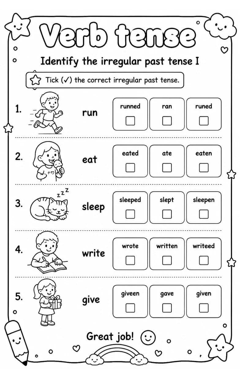 Identify the irregular past tense I — free printable Grade 2 English & Reading worksheet