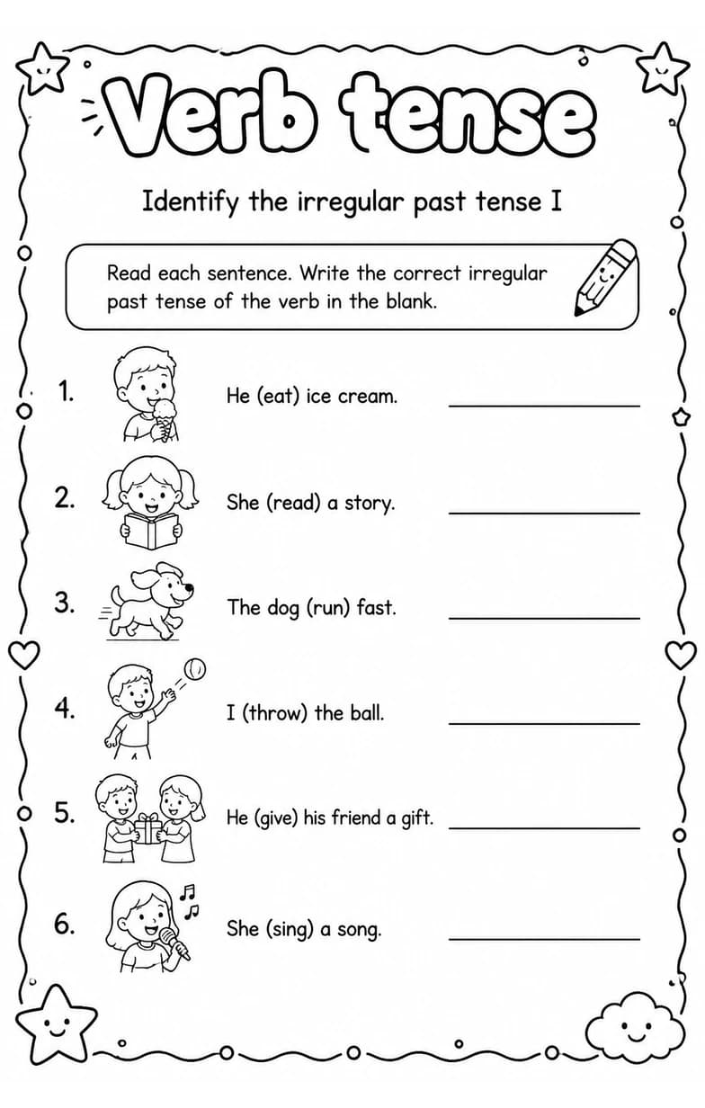 Identify the irregular past tense I — free printable Grade 3 English & Reading worksheet