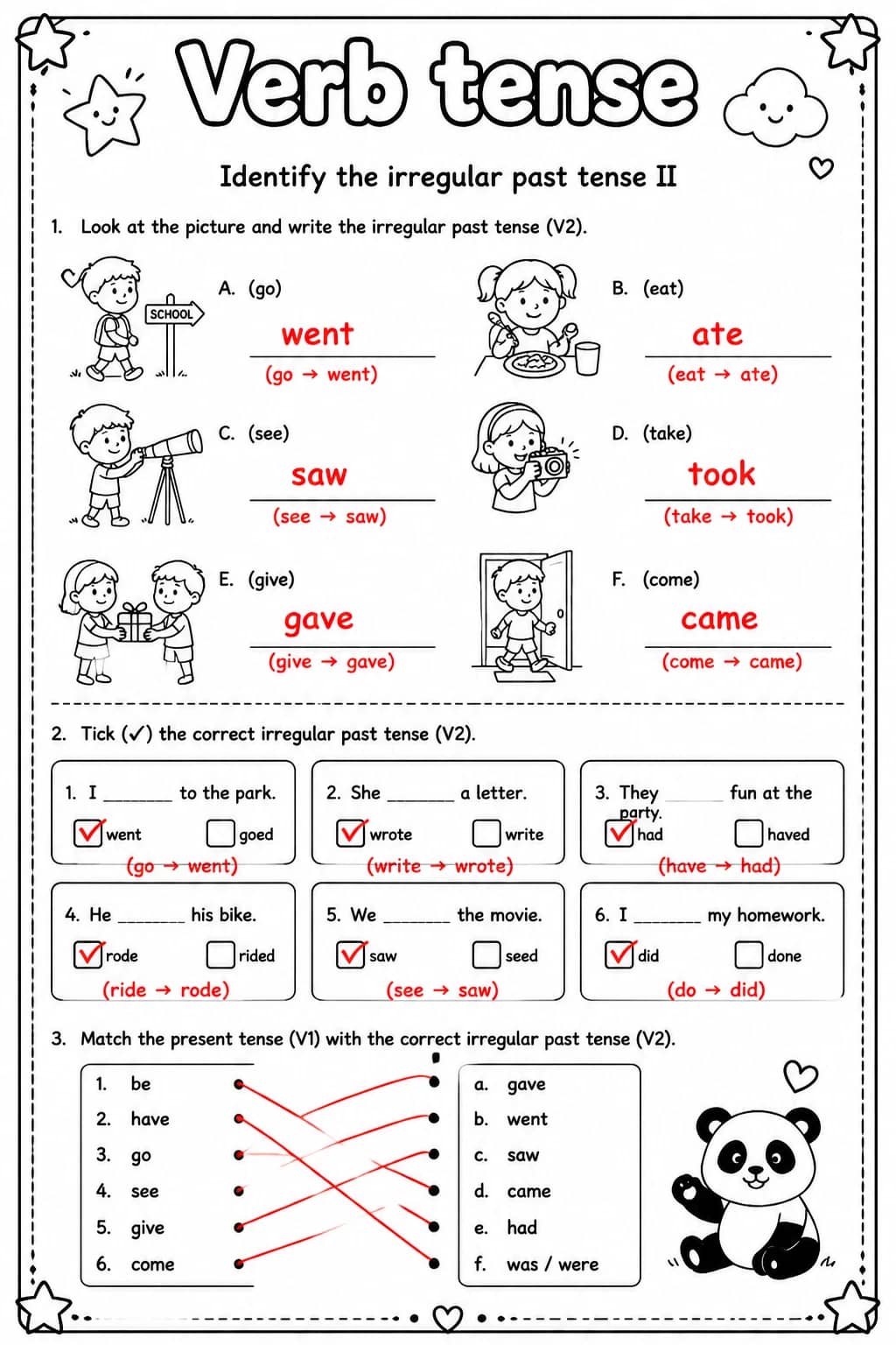 Answer key for Identify the irregular past tense II — free printable English & Reading worksheet