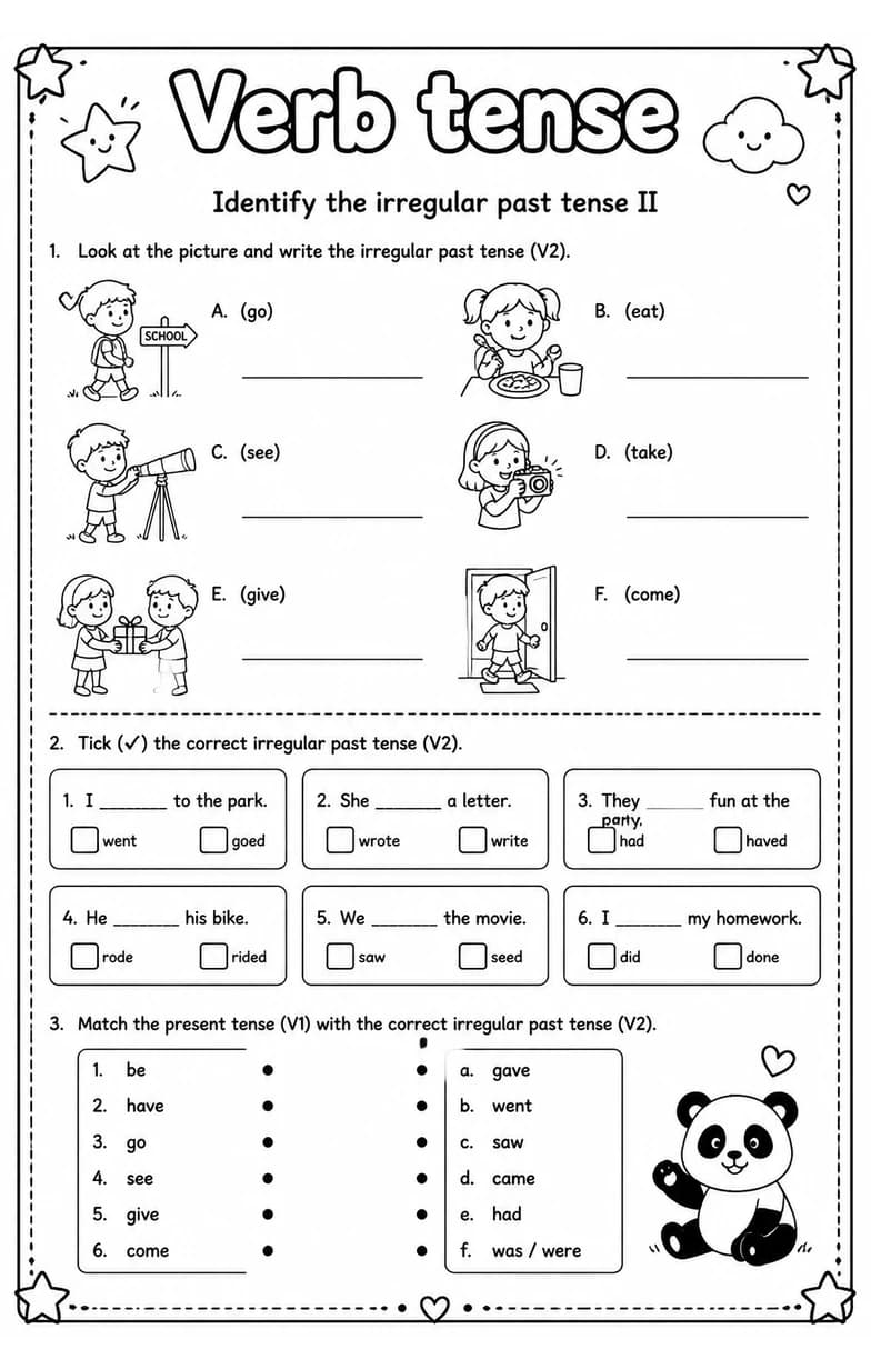 Identify the irregular past tense II — free printable Grade 2 English & Reading worksheet