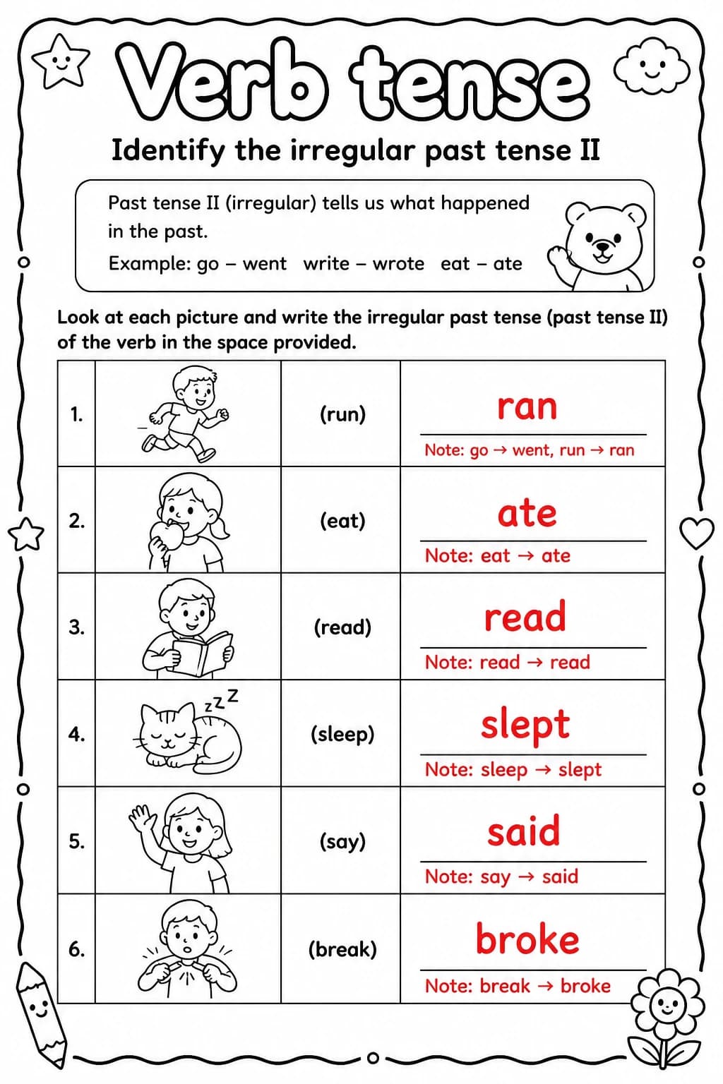 Answer key for Identify the irregular past tense II — free printable English & Reading worksheet