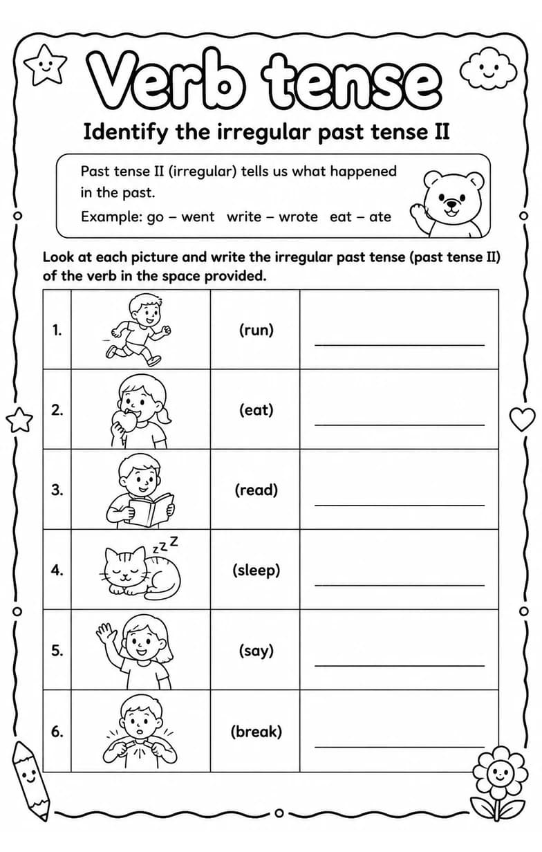 Identify the irregular past tense II — free printable Grade 3 English & Reading worksheet