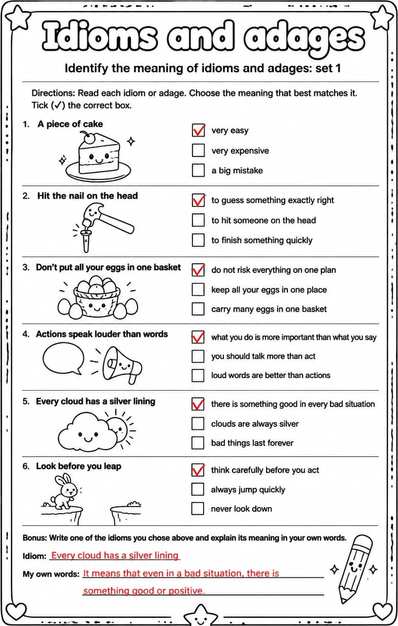 Answer key for Identify the meaning of idioms and adages: set 1 — free printable English & Reading worksheet