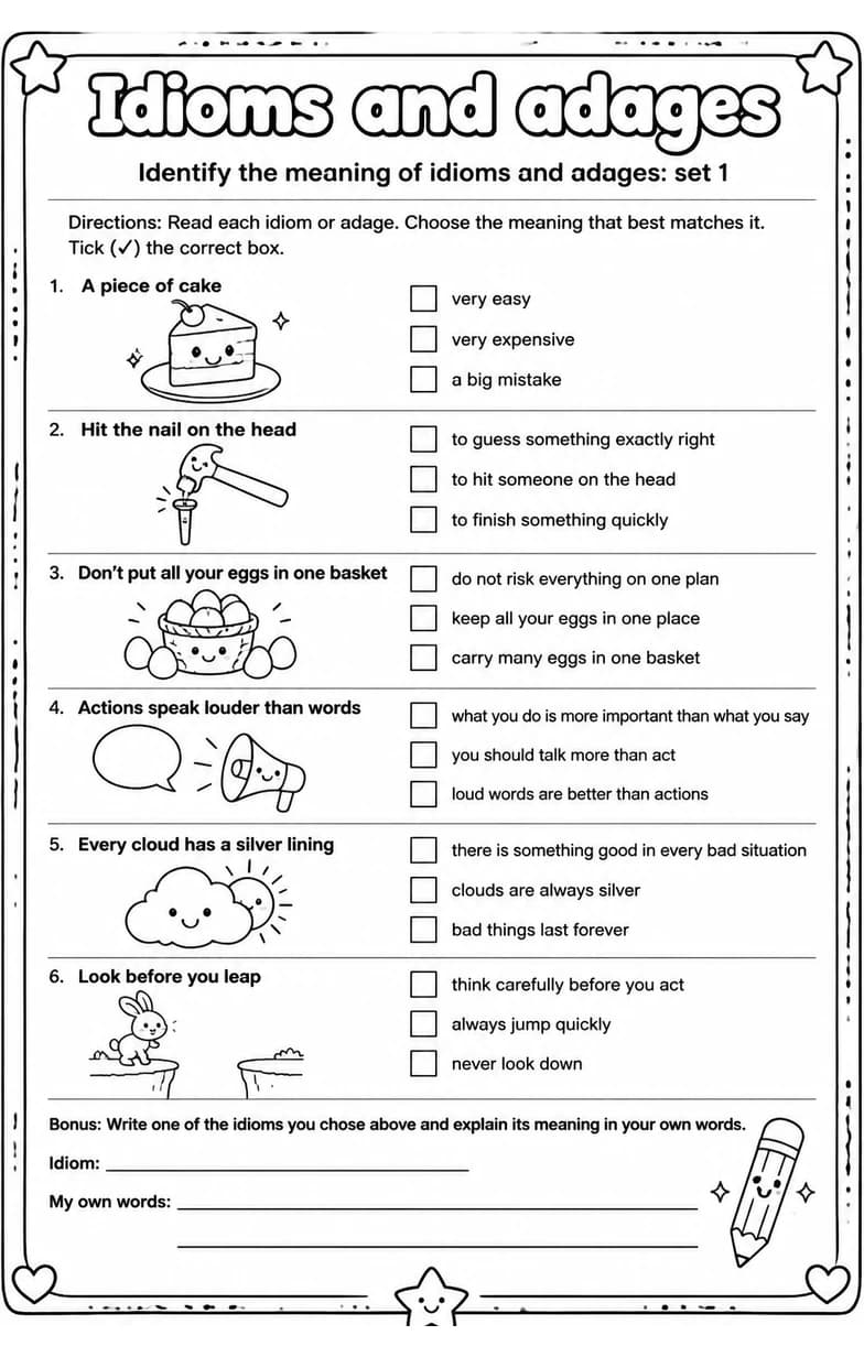 Identify the meaning of idioms and adages: set 1 — free printable Vocabulary English worksheet