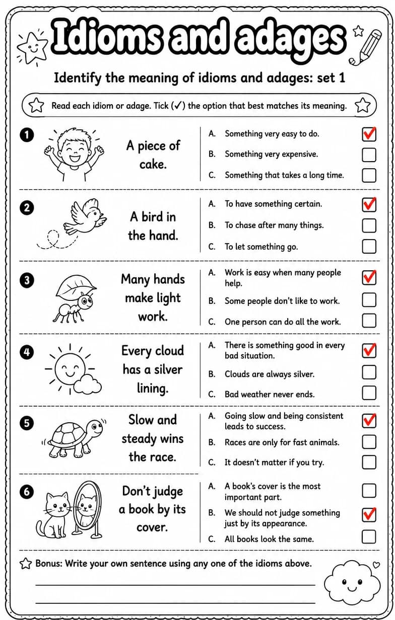 Answer key for Identify the meaning of idioms and adages: set 1 — free printable English & Reading worksheet