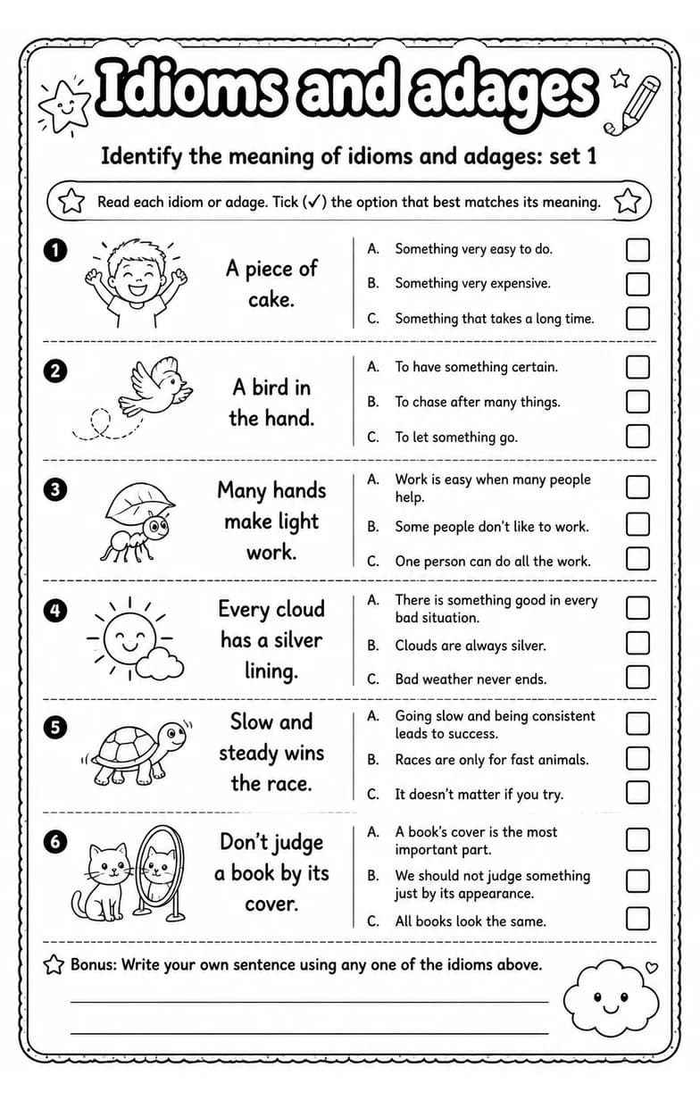 Identify the meaning of idioms and adages: set 1 — free printable Vocabulary English worksheet