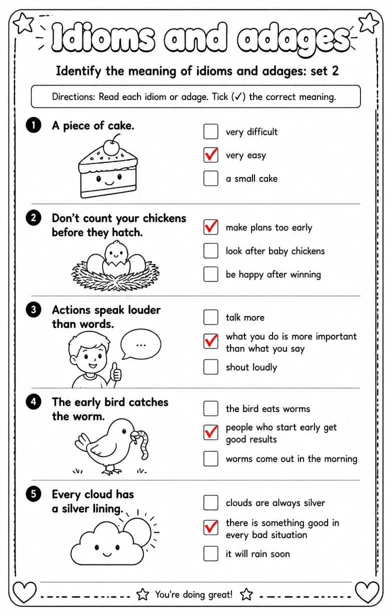 Answer key for Identify the meaning of idioms and adages: set 2 — free printable English & Reading worksheet